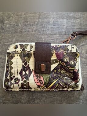 Sakroots Owl-Print Wristlet Wallet in Cream, Purple, Green and Brown